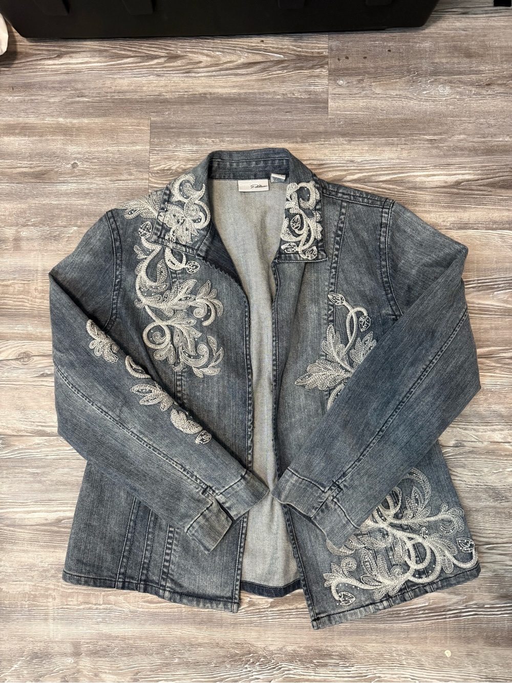Chico's Gray Embroidered Denim Jacket